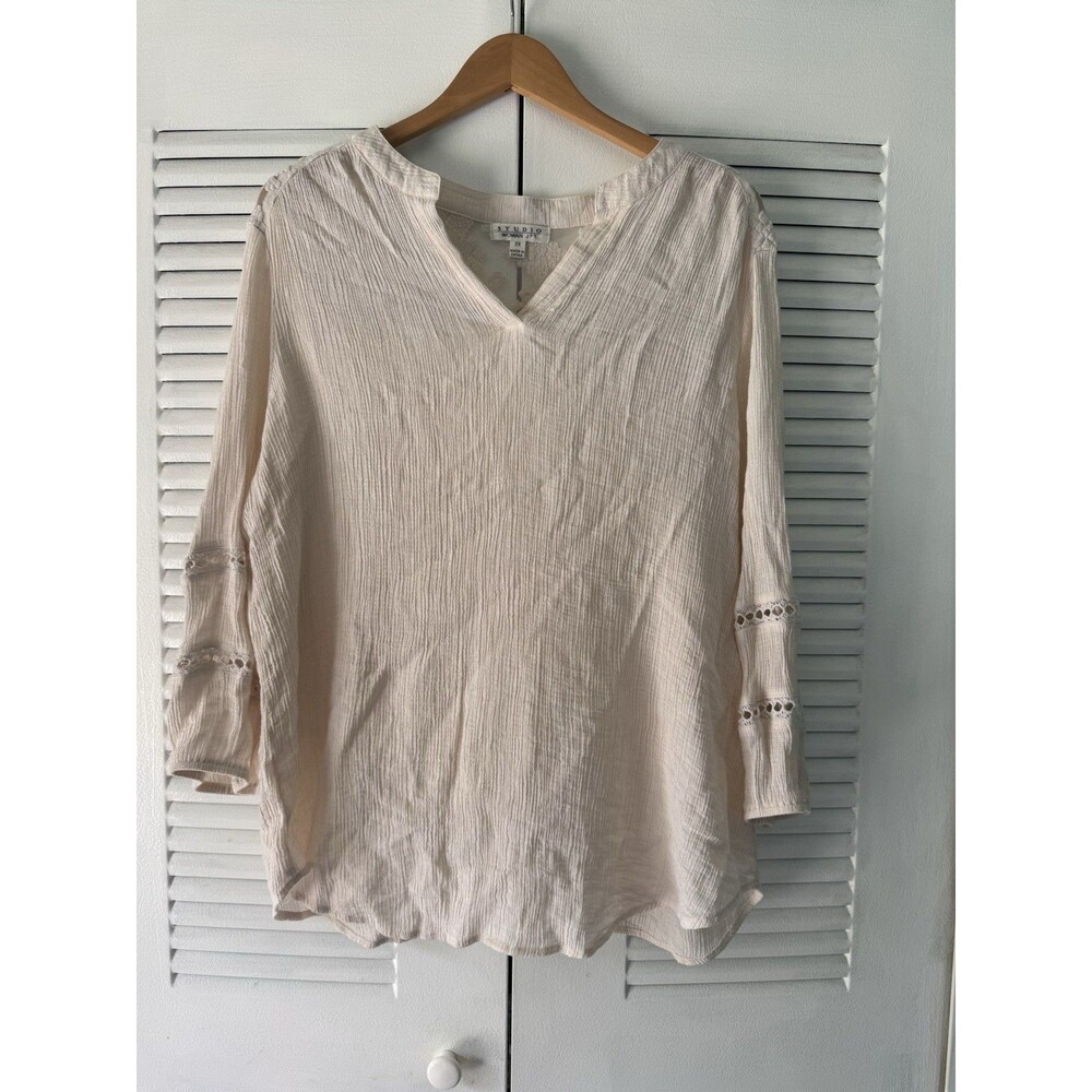 Studio Woman 2X Cream Boho Lace Crochet Tunic Top - Picture 7 of 9